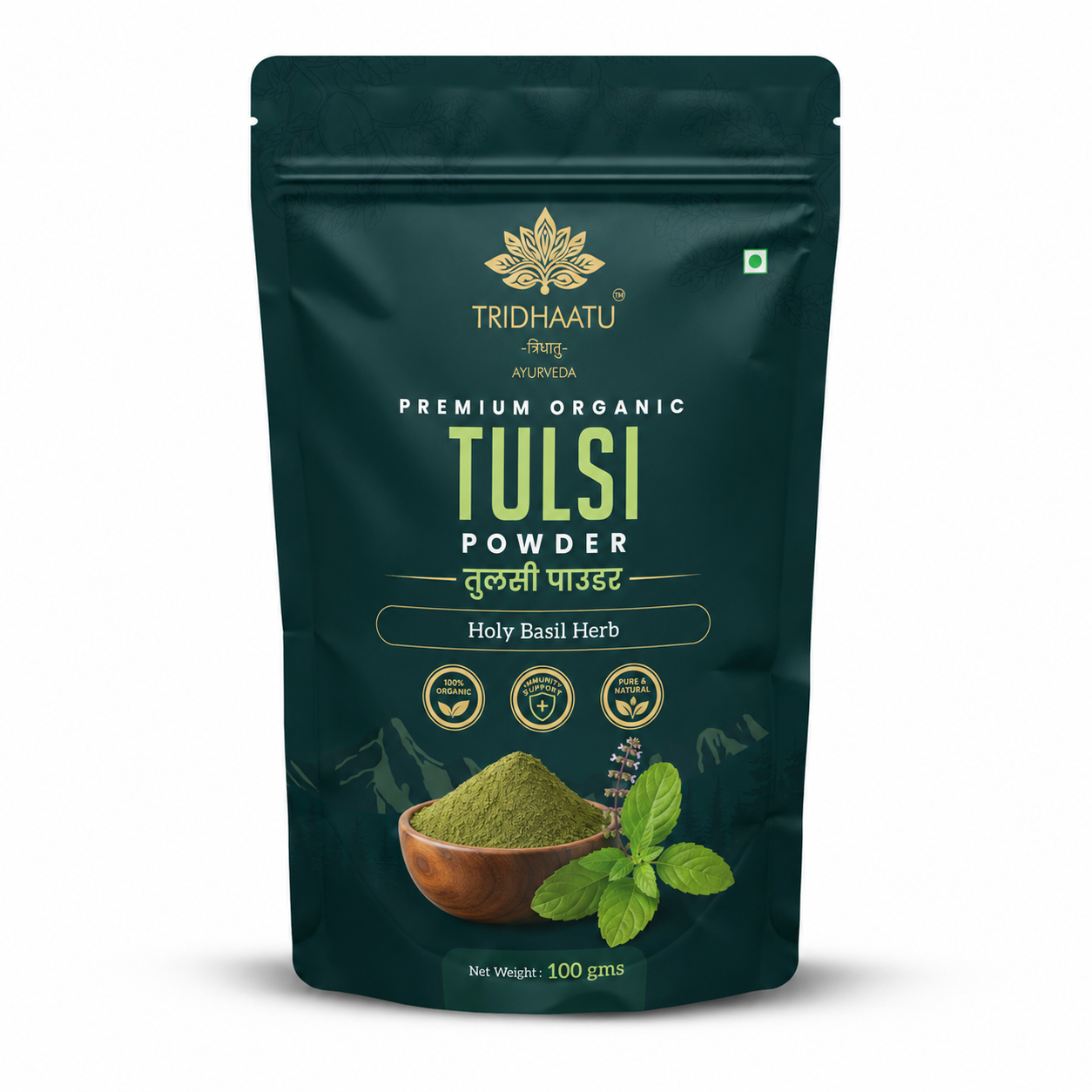Standup pouch of Tridhaatu Ayurveda's Premium Organic Tulsi Powder (Holy Basil Herb) Natural & Pure (100 gms)