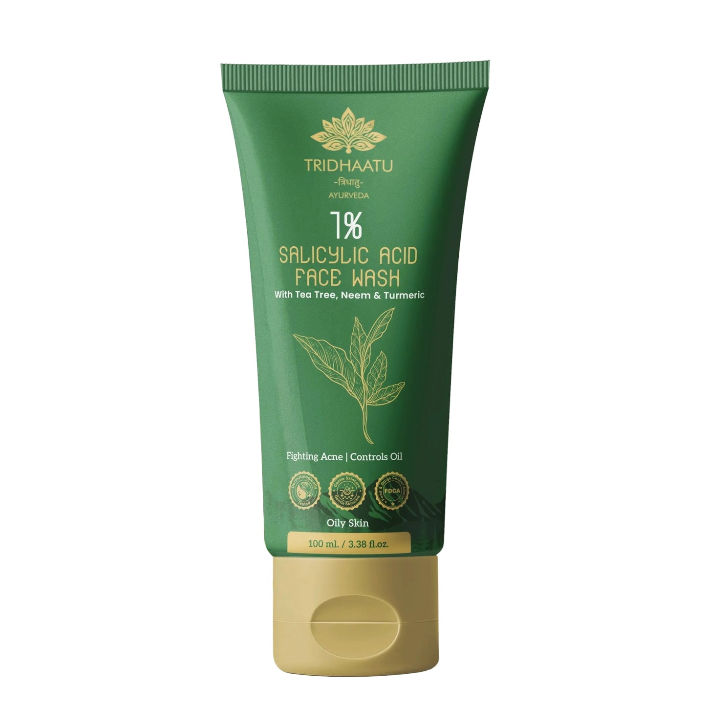 Green tube of Tridhaatu 1% Salicylic Acid Face Wash with leaf design on a light background