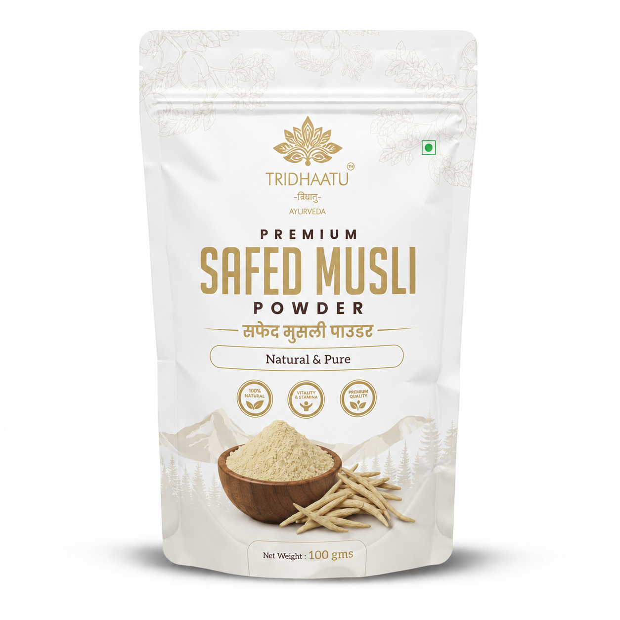 white standup poch of Tridhaatu Ayurveda Premium Safed Musli Powder 100g