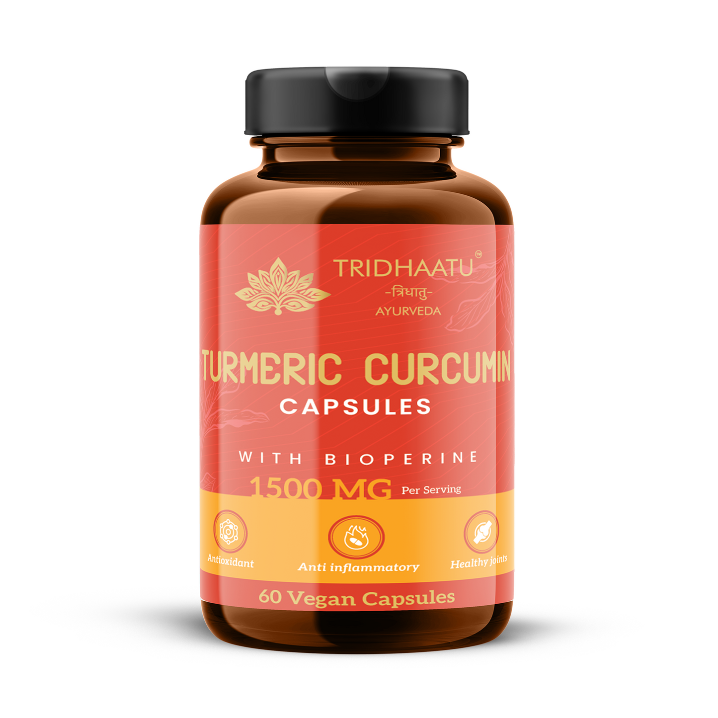 Tridhaatu Ayurveda Turmeric Curcumin 1500mg with BioPerine for Joint Support & Inflammation - 60 Vegan Capsules | Anti-inflammatory Supplement for Adults | With Curcuma Longa, Turmeric & Ginger Root extract | Joint Support Supplement for Men & Women
