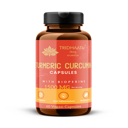 Tridhaatu Ayurveda Turmeric Curcumin 1500mg with BioPerine for Joint Support & Inflammation - 60 Vegan Capsules | Anti-inflammatory Supplement for Adults | With Curcuma Longa, Turmeric & Ginger Root extract | Joint Support Supplement for Men & Women