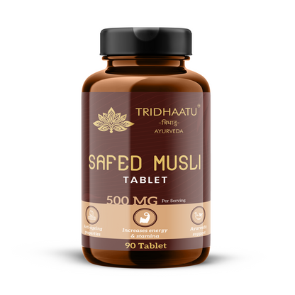 Tridhaatu Ayurveda Safed Musli / Chlorophytum borivilianum - 500mg Tablets for Energy, Stamina & Vitality (90 Tablets)