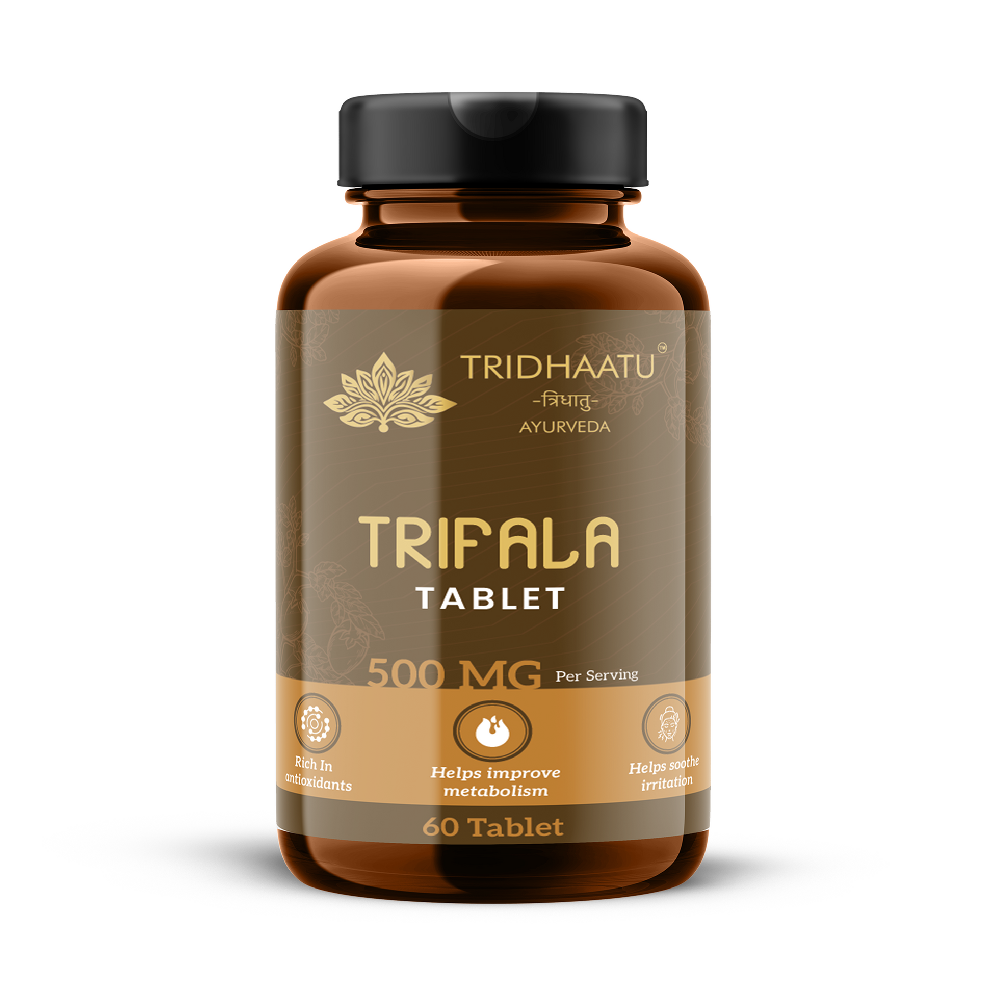 Tridhaatu Ayurveda Triphala Tablets 500mg for natural colon cleanse and digestive support.