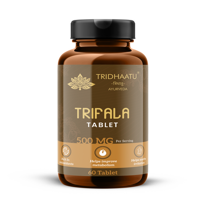 Tridhaatu Ayurveda Triphala Tablets 500mg for natural colon cleanse and digestive support.