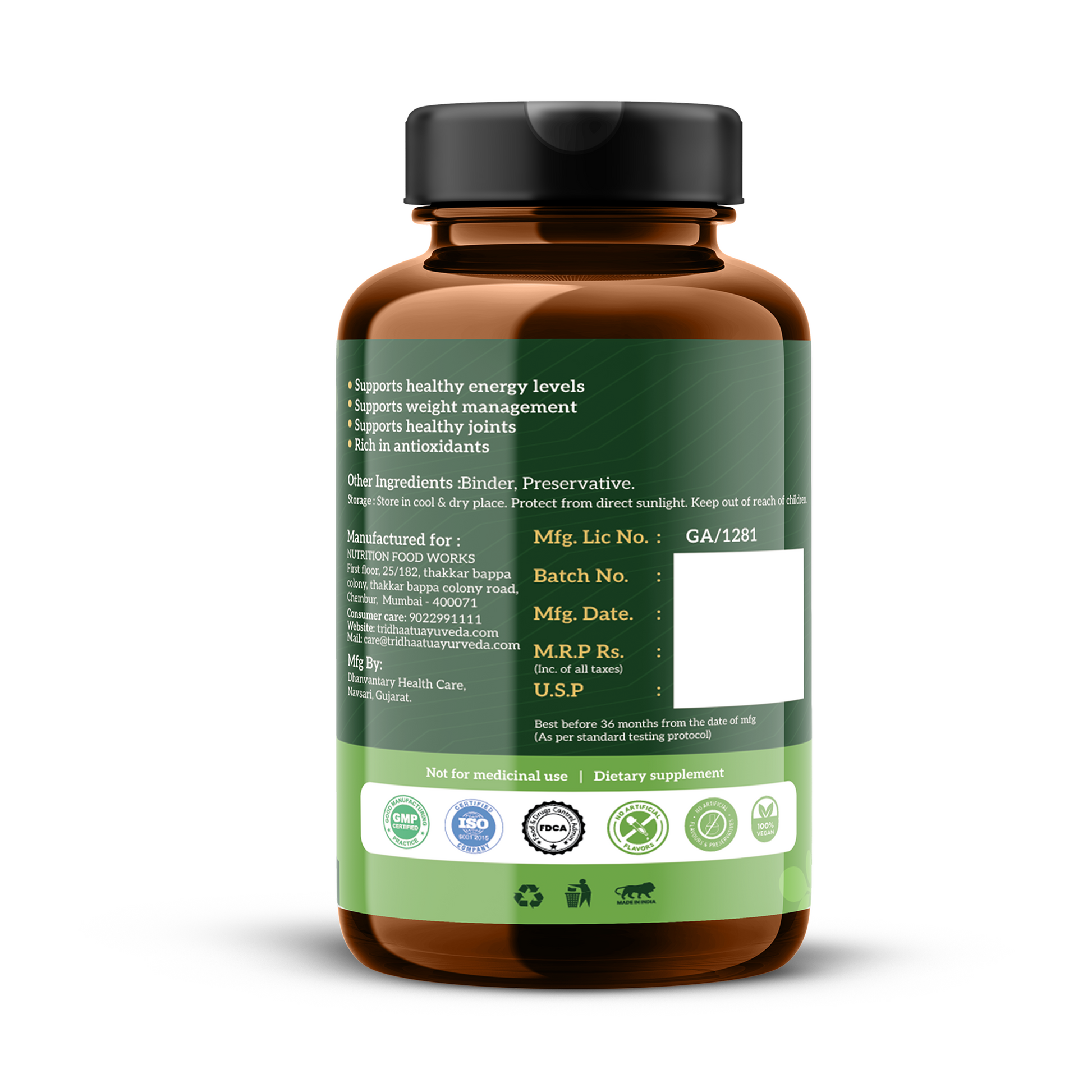 Brown supplement bottle with green label on a white background