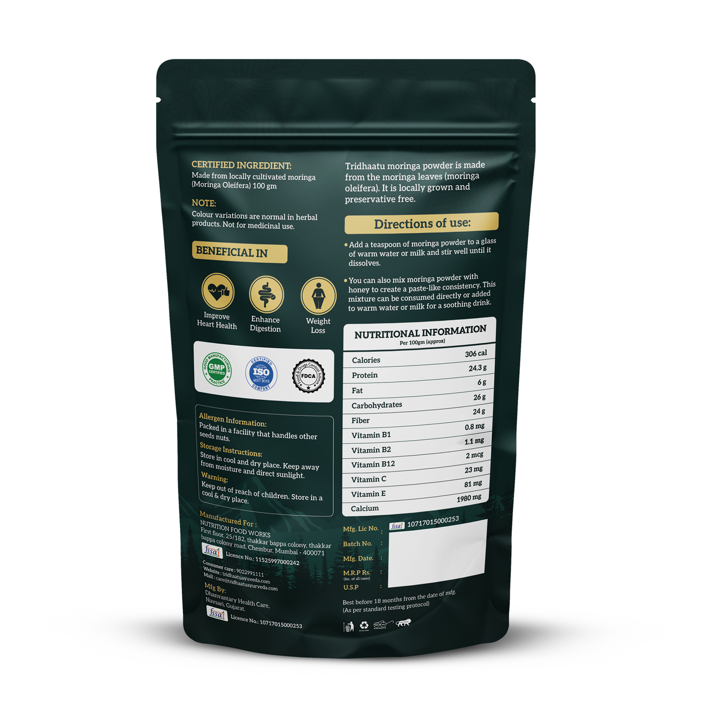 Tridhaatu Ayurveda Organic Moringa Powder (100g) – 100% Pure & Natural Sahjan Leaf Powder