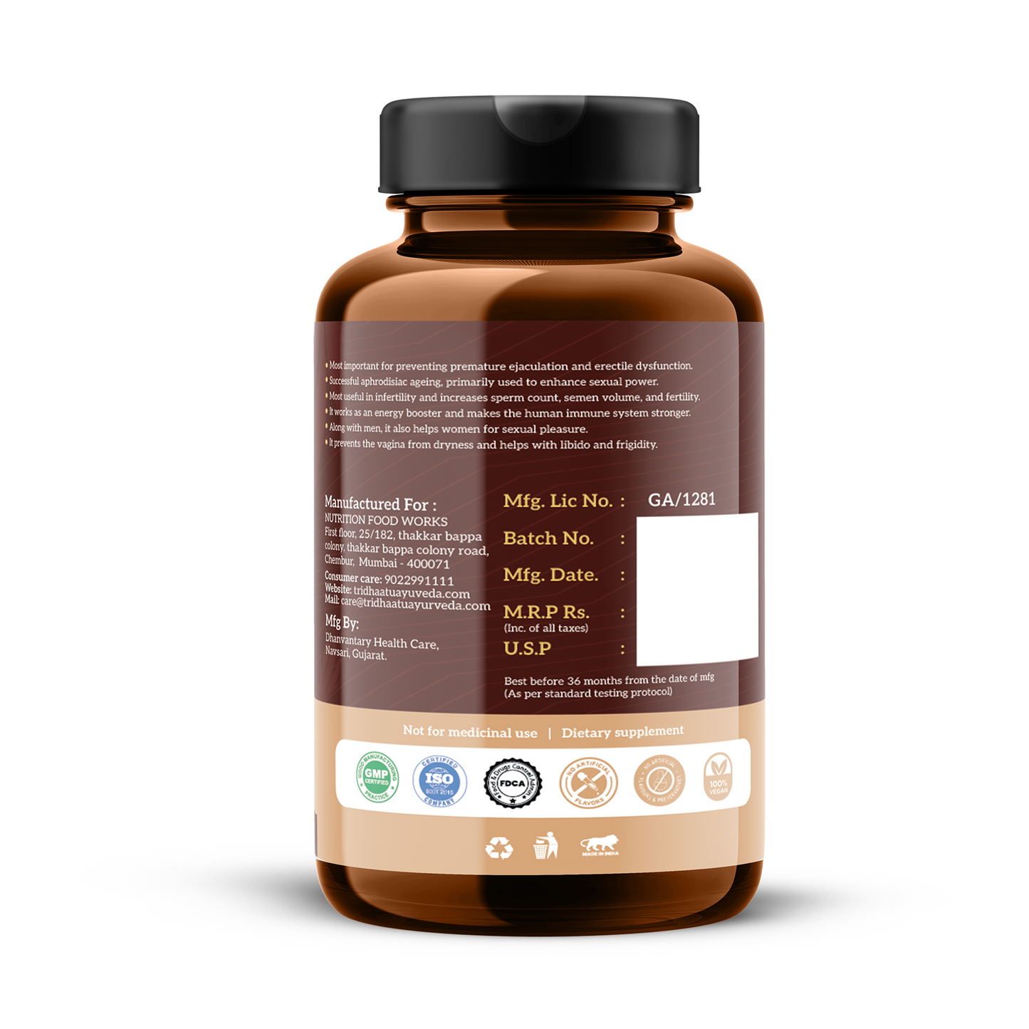 Tridhaatu Ayurveda Safed Musli / Chlorophytum borivilianum - 500mg Tablets for Energy, Stamina & Vitality (90 Tablets)