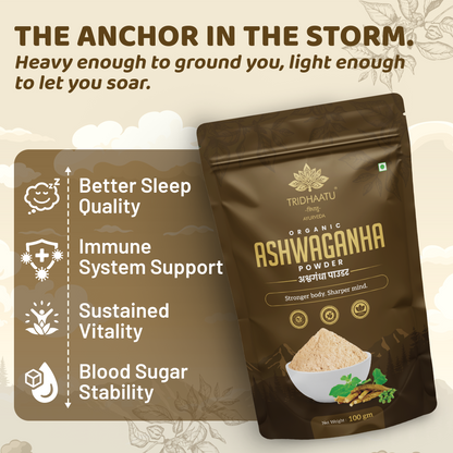 Tridhaatu Ayurveda Organic Ashwagandha Root Powder | 100g - Ashwagandha Podi/Amukkara Kizhangu / Asvagandha / Adaptogen Churna Powder
