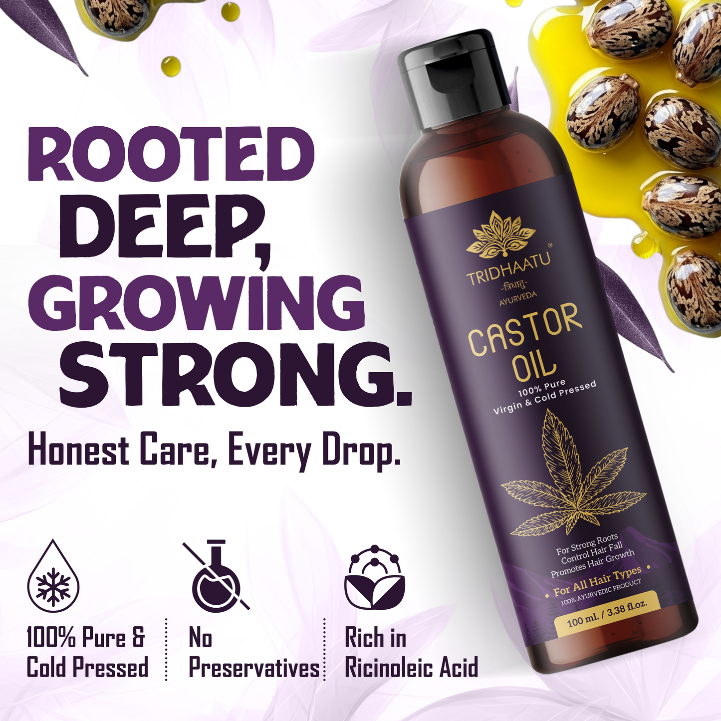 Pure Natural Organic Castor Seed Oil (Hindi-Arandi Oil) Cold Pressed 100% Pure Castor (Arandi) Oil for Skin and Hair With Vitamin E, Omega-6 & 9, Mineral Free and Preservative Free (100 ml)