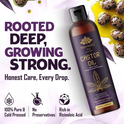 Pure Natural Organic Castor Seed Oil (Hindi-Arandi Oil) Cold Pressed 100% Pure Castor (Arandi) Oil for Skin and Hair With Vitamin E, Omega-6 & 9, Mineral Free and Preservative Free (100 ml)