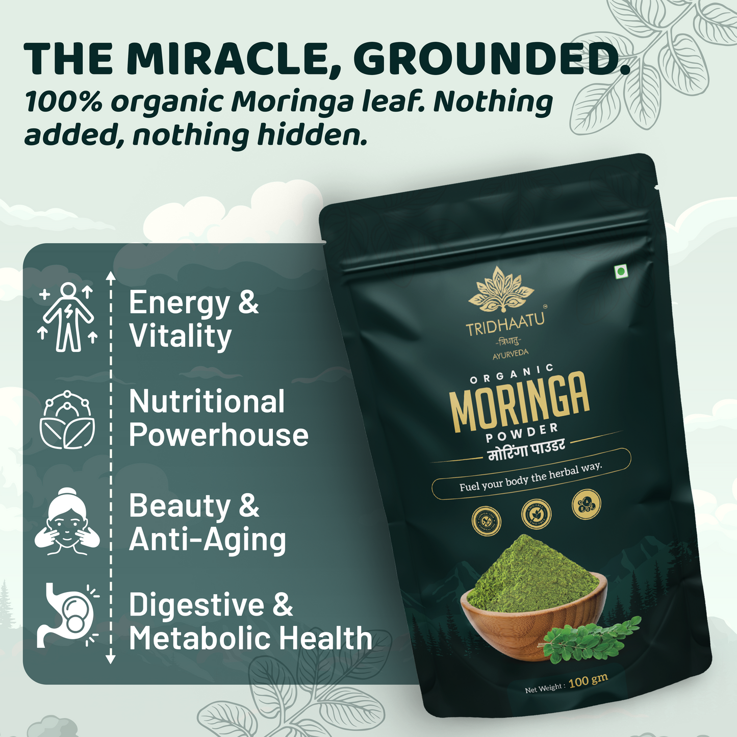 Tridhaatu Ayurveda Organic Moringa Powder (100g) – 100% Pure & Natural Sahjan Leaf Powder