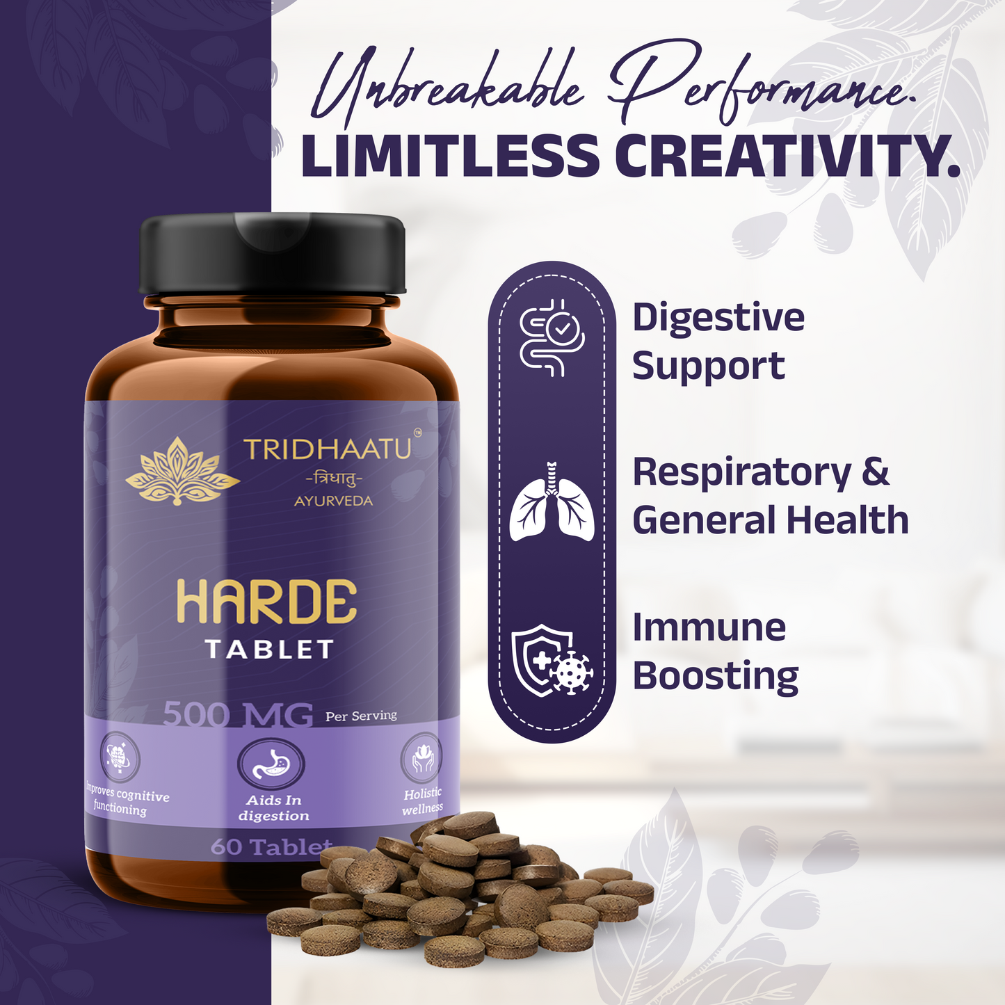 Natural Harde tablets (Haritaki/Terminalia chebula) | Detoxifies Gut & Promotes Digestion | 500 MG (60 Tabs)