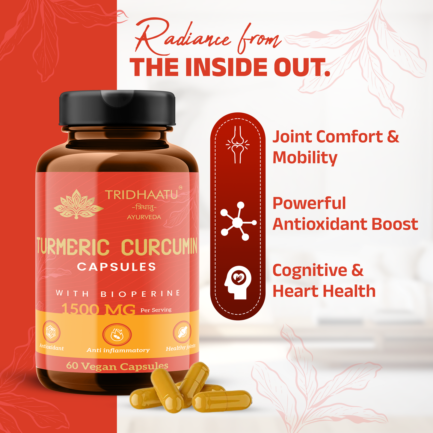 Tridhaatu Ayurveda Turmeric Curcumin 1500mg with BioPerine for Joint Support & Inflammation - 60 Vegan Capsules | Anti-inflammatory Supplement for Adults | With Curcuma Longa, Turmeric & Ginger Root extract | Joint Support Supplement for Men & Women