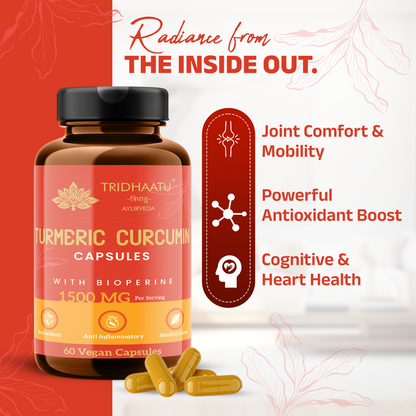 Tridhaatu Ayurveda Turmeric Curcumin 1500mg with BioPerine for Joint Support & Inflammation - 60 Vegan Capsules | Anti-inflammatory Supplement for Adults | With Curcuma Longa, Turmeric & Ginger Root extract | Joint Support Supplement for Men & Women