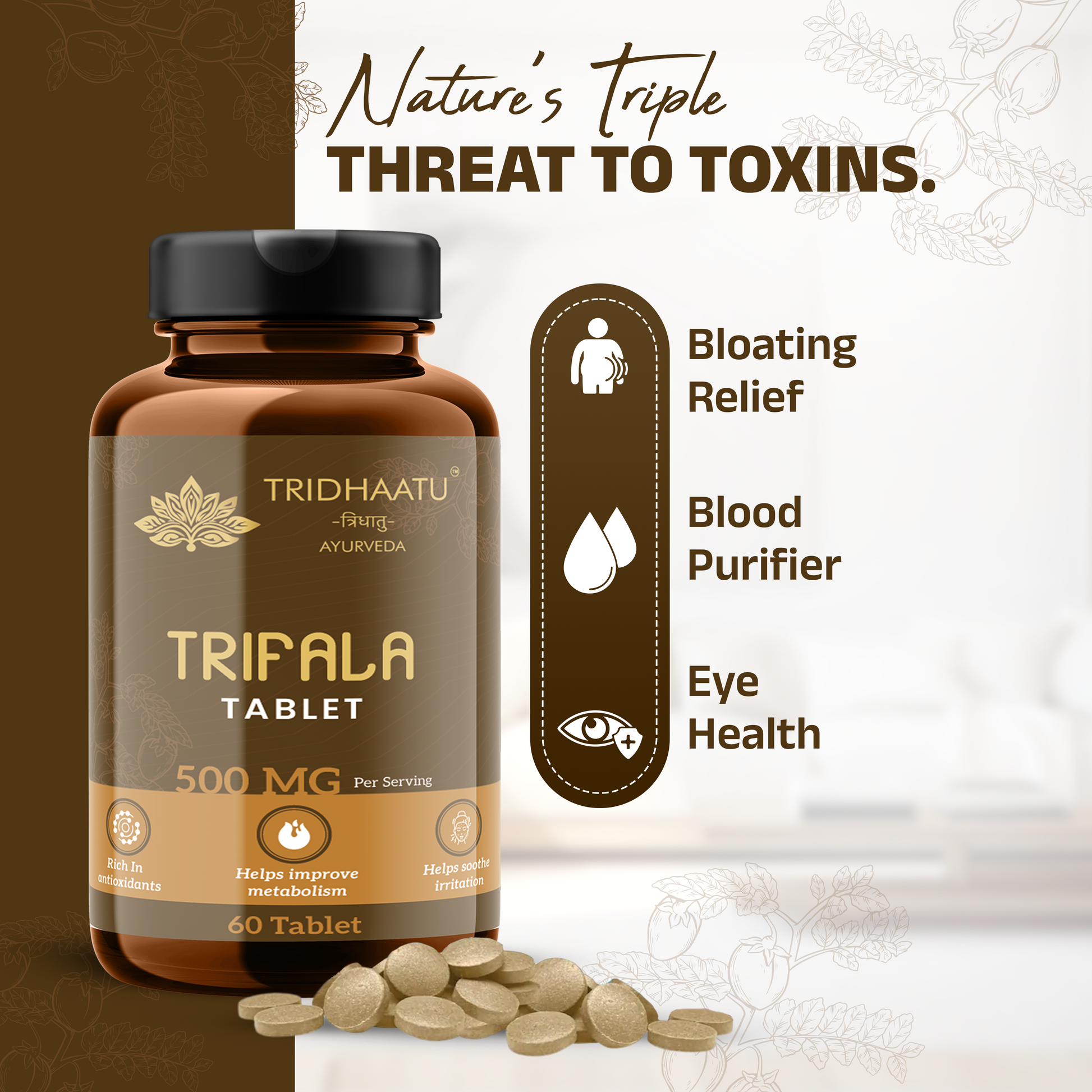 Tridhaatu Trifala tablet bottle with pills on a decorative background  500 mg for natural colon cleanse and digestive support.