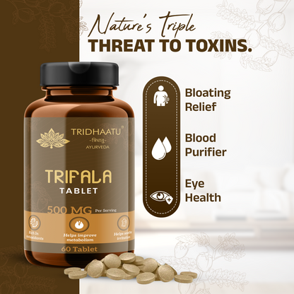 Tridhaatu Trifala tablet bottle with pills on a decorative background  500 mg for natural colon cleanse and digestive support.