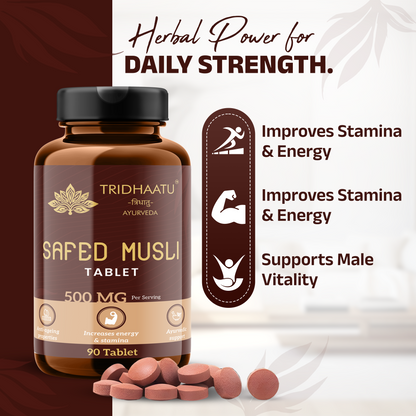 Tridhaatu Ayurveda Safed Musli / Chlorophytum borivilianum - 500mg Tablets for Energy, Stamina & Vitality (90 Tablets)