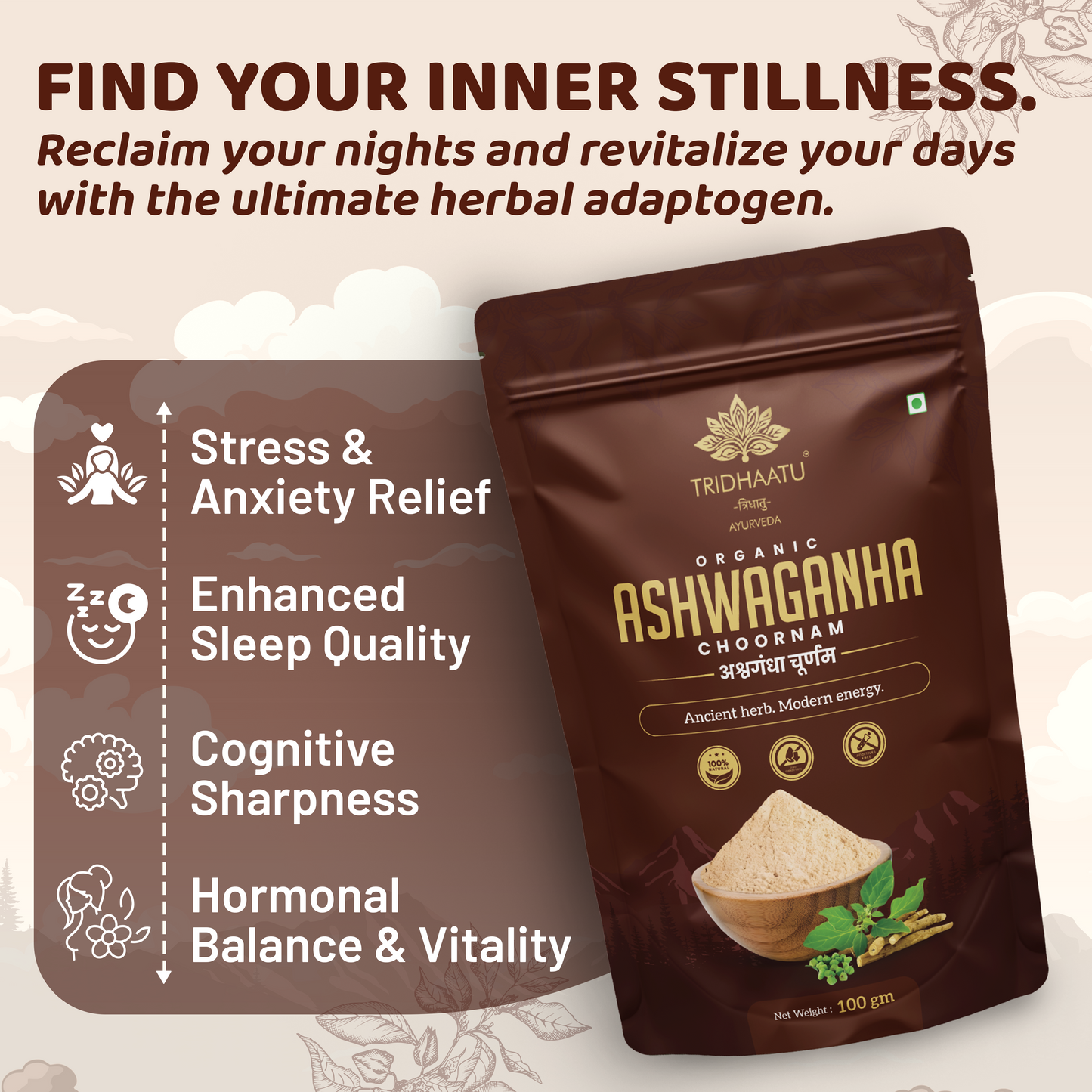 Tridhaatu Ayurveda Organic Ashwagandha Root Powder | 100g - Ashwagandha Podi/Amukkara Kizhangu / Asvagandha / Adaptogen Churna Powder