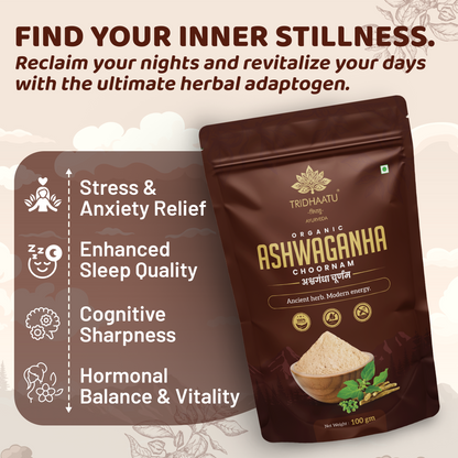 Tridhaatu Ayurveda Organic Ashwagandha Root Powder | 100g - Ashwagandha Podi/Amukkara Kizhangu / Asvagandha / Adaptogen Churna Powder
