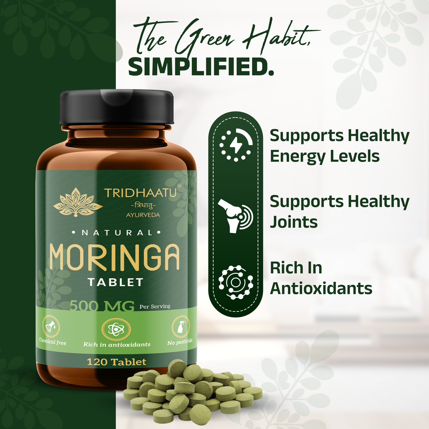 Bottle of Tridhaatu Moringa tablets with text highlighting benefits on a green and white background.
