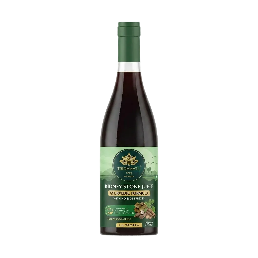 A bottle of Tree Hartli Kidney Stone Juice Ayurvedic Formula, featuring a dark glass bottle with a green cap and a green label, set against a light gray background.