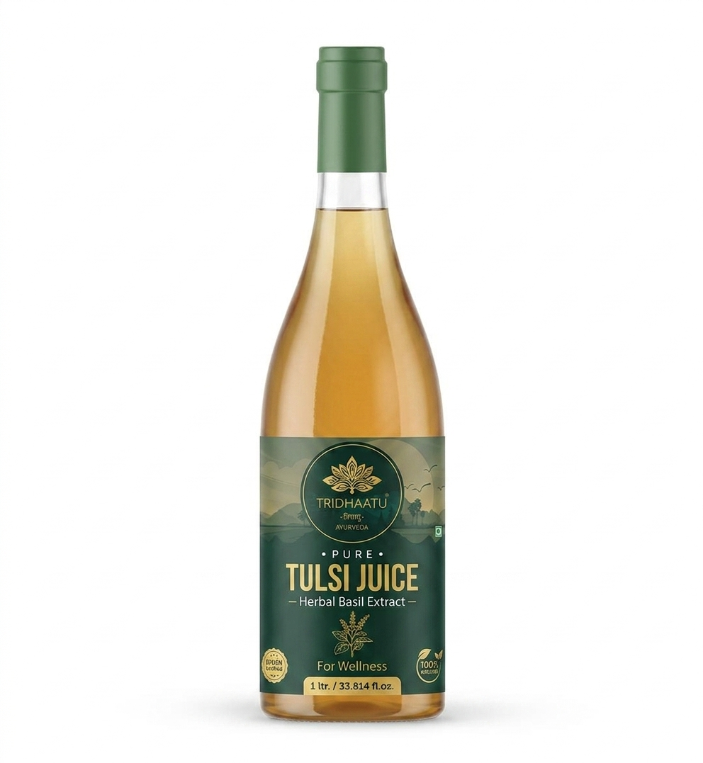 A bottle of Tridhaatu Ayurveda Pure Tulsi Juice 1L | Herbal Basil Extract for Immunity &amp; Wellness, featuring a dark green label and a matching green cap, filled with a golden-yellow liquid, set against a plain white background.