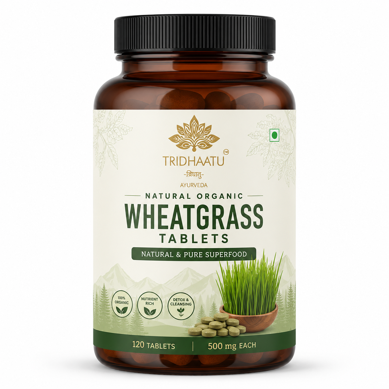Amber brown bottle of Tridhaatu Ayurveda's Natural Organic Wheatgrass Tablets | 120 Tablets (500mg Each)
