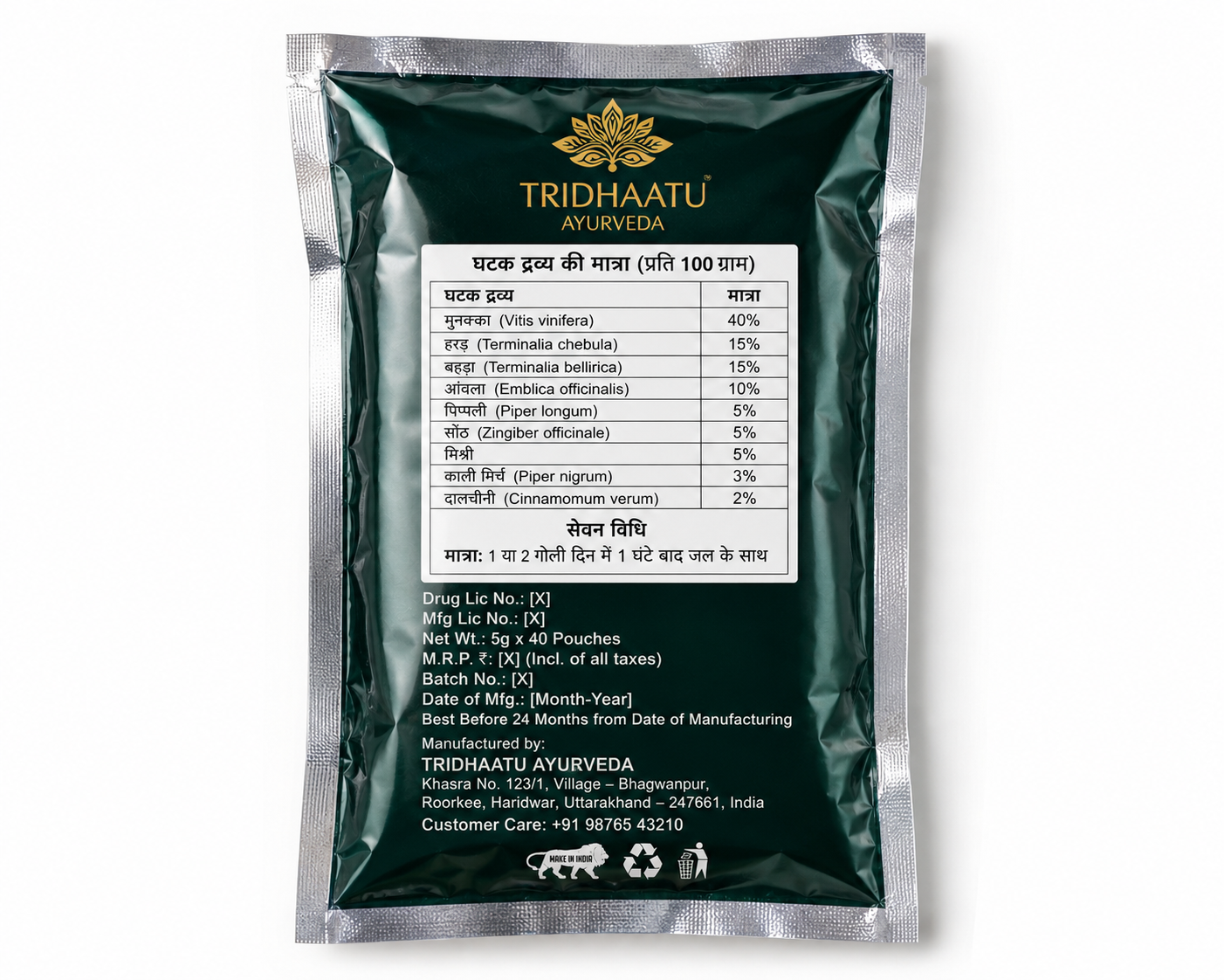 back side pack of Tridhaatu Ayurveda Munakka Vati Goli for Digestion and Acidity Relief | 40 Tablets Pack mahakaal Tarang