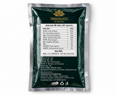 back side pack of Tridhaatu Ayurveda Munakka Vati Goli for Digestion and Acidity Relief | 40 Tablets Pack mahakaal Tarang