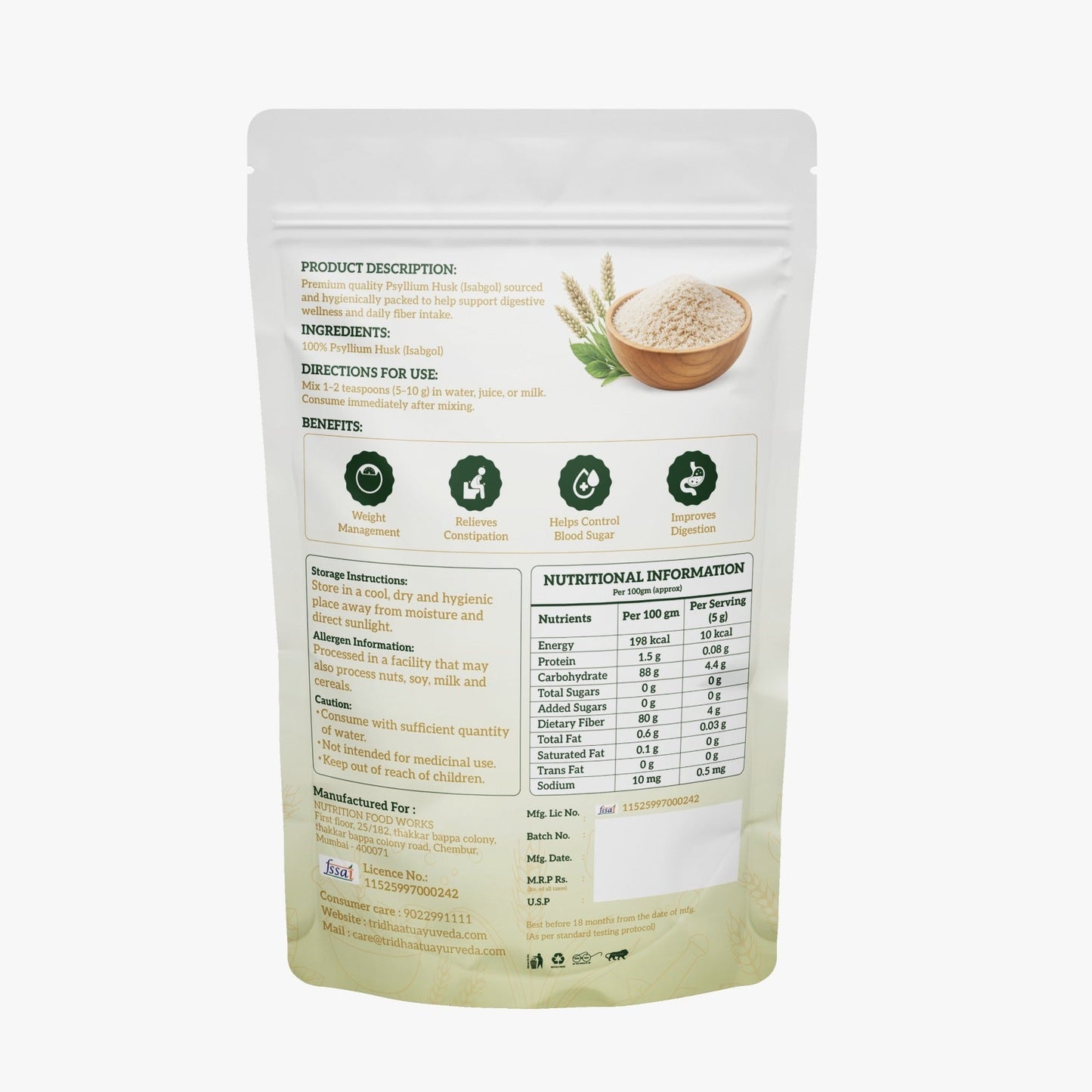 Back view of a Tridhaatu Ayurveda Isabgol Psyllium Husk packaging bag with nutritional information on a white background