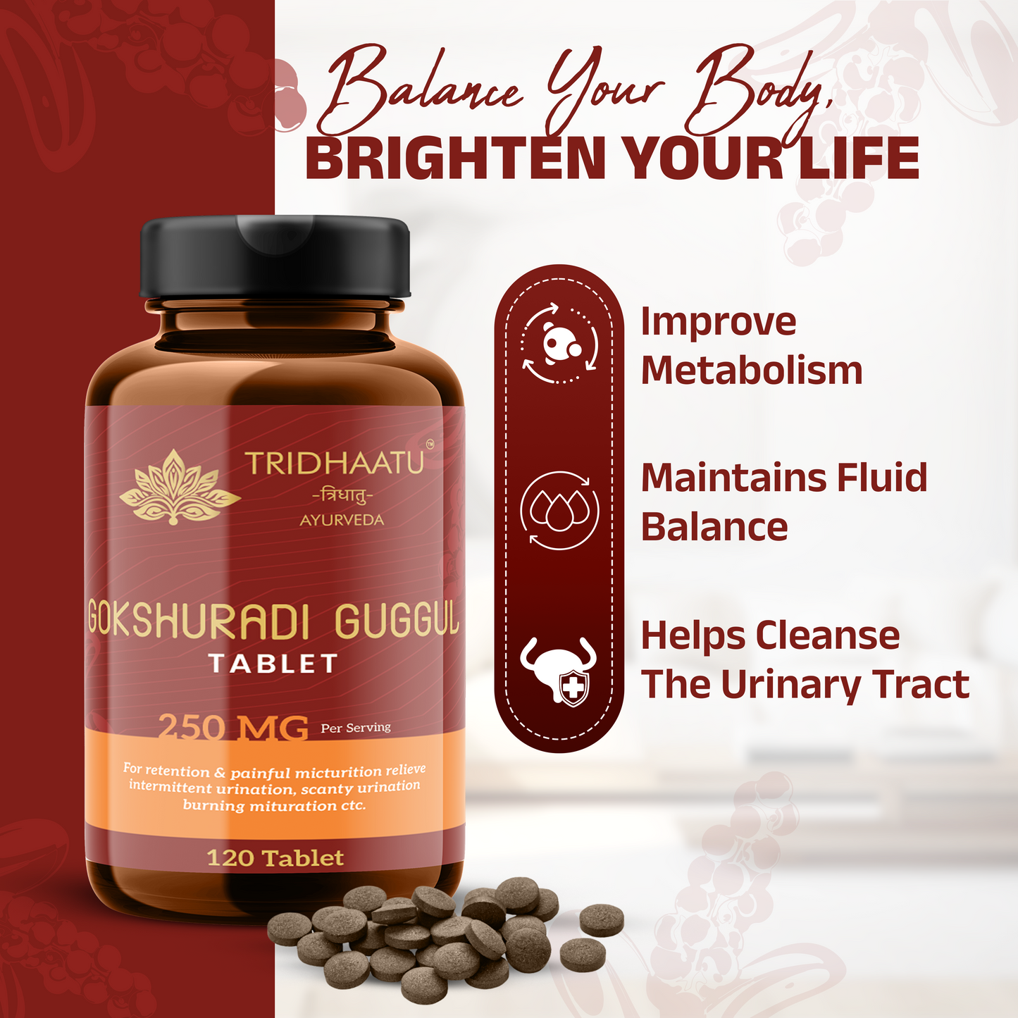 Benefits 2 Tridhaatu Ayurveda Gokshuradi Guggulu 250 MG (120 Tablets) - Natural Diuretic for Urinary Tract Health