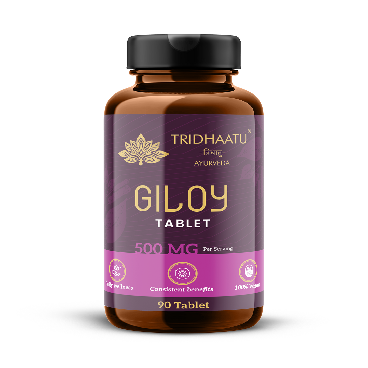 Bottle of Tridhaatu Ayurveda Pure Giloy Tablets 500mg - 90 Veg Tablets | Natural Ayurvedic Immunity Booster, Immunity Support & Daily Detox (Pack of 1)