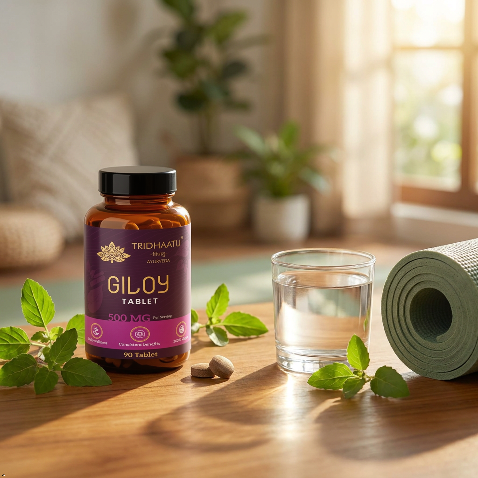 Gym Lifestyle photo with Bottle of Tridhaatu Ayurveda Pure Giloy Tablets 500mg - 90 Veg Tablets | Natural Ayurvedic Immunity Booster, Immunity Support & Daily Detox (Pack of 1)