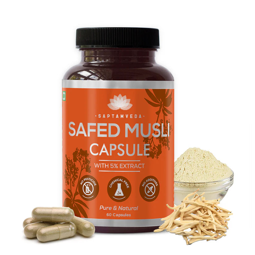 Pure Natural Safed Musli | Health Benefits Of Safed Musli | Boosts Immunity & Strength 60 Capsules | 500mg each