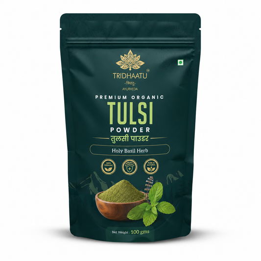 Standup pouch of Tridhaatu Ayurveda's Premium Organic Tulsi Powder (Holy Basil Herb) Natural & Pure (100 gms)