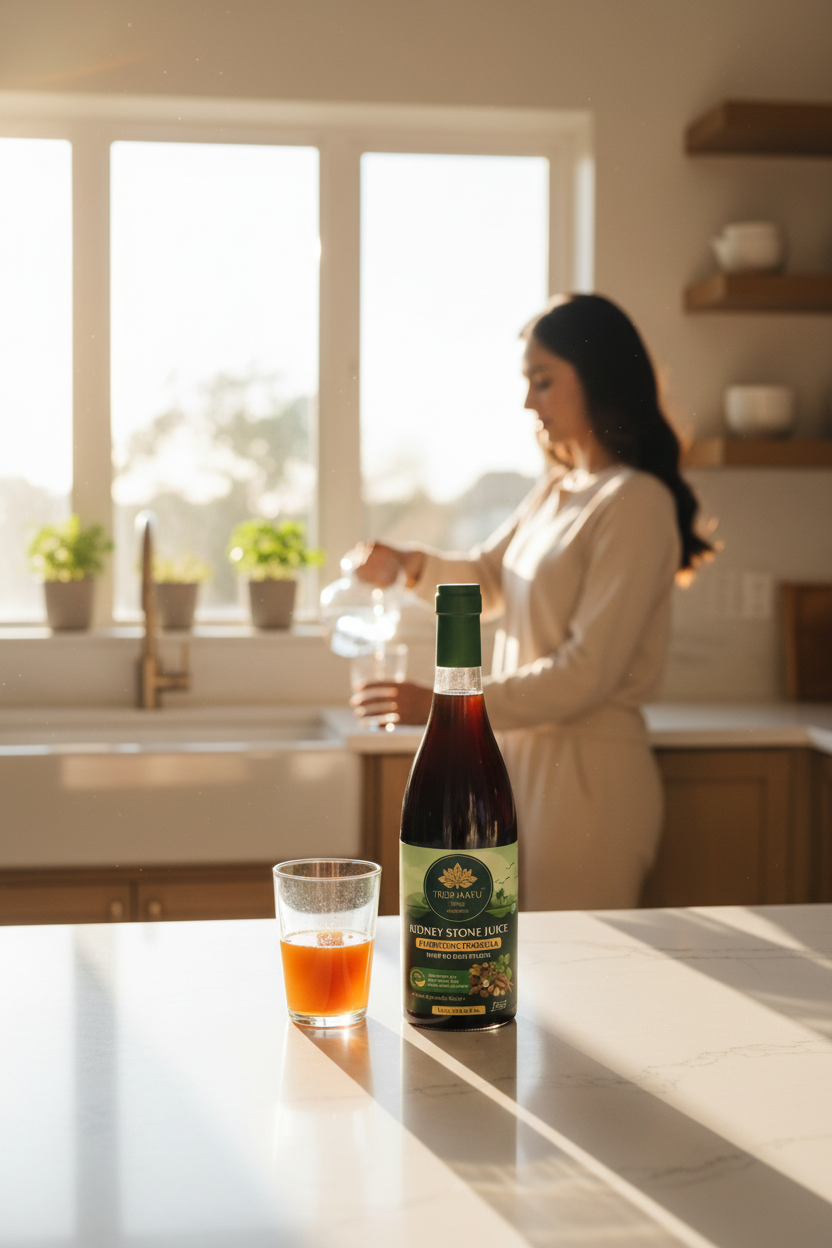 A bottle of Tridhaatu Ayurveda Kidney Stone Juice  Ayurvedic Formula for Kidney Care & Urinary Health - 1L, featuring a dark glass bottle with a green cap and a green label, set against a light gray background.