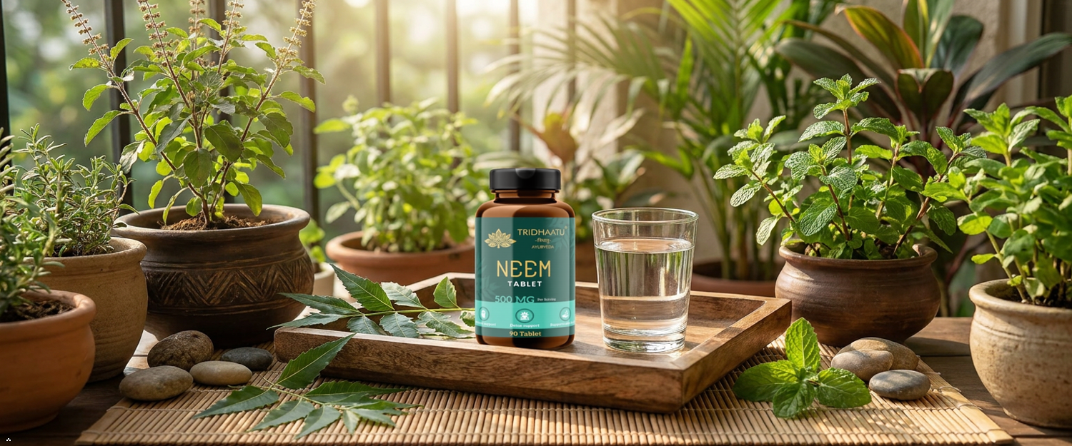 Tridhaatu Ayurveda Neem 500mg Tablets for Blood Purifier, Acne Control & Immune Support - 90 Tablet.