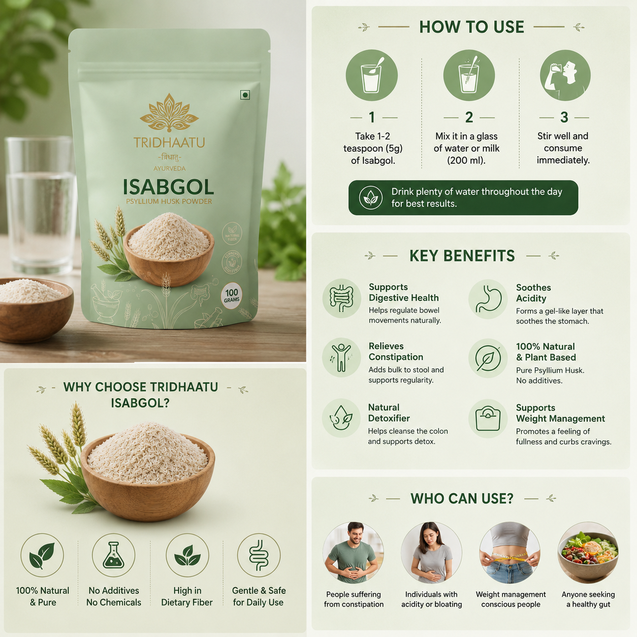 Tridhaatu Isabgol packaging with usage instructions and benefits on a light background