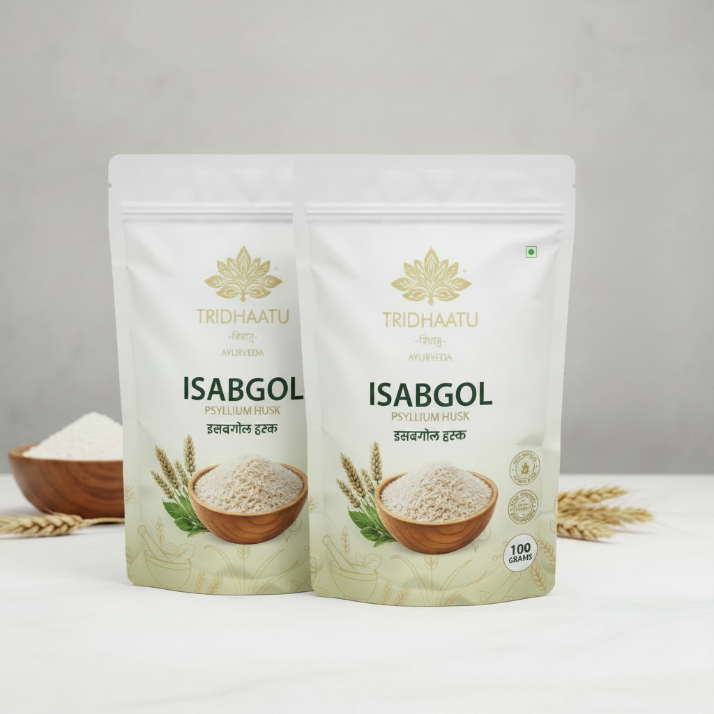 Two stand-up pouches of Tridhaatu Isabgol Premium Rice powder displayed side by side on a white surface with a light gray background. A small wooden bowl of rice and wheat stalks are visible behind the packaging.