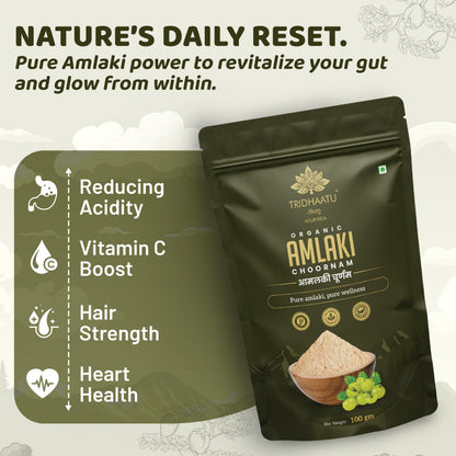 Amlaki product packaging with health benefits listed on a green background