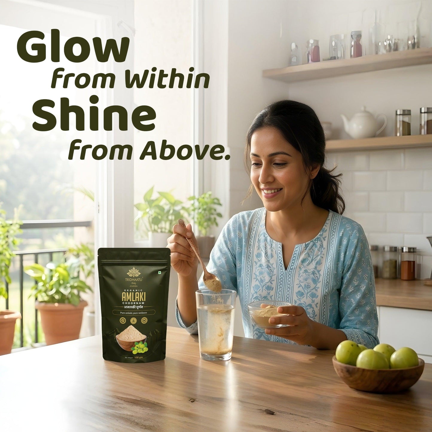 Tribhuvan Organic Amlaki Chodiram packaging with amlaki fruits and powder woman drinking 