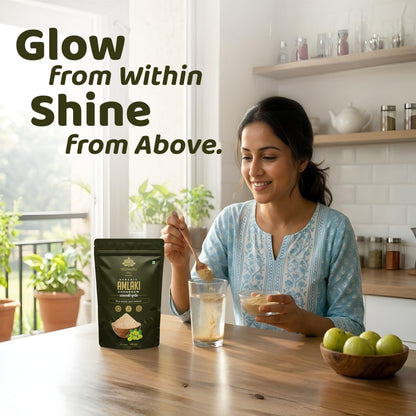 Tribhuvan Organic Amlaki Chodiram packaging with amlaki fruits and powder woman drinking 