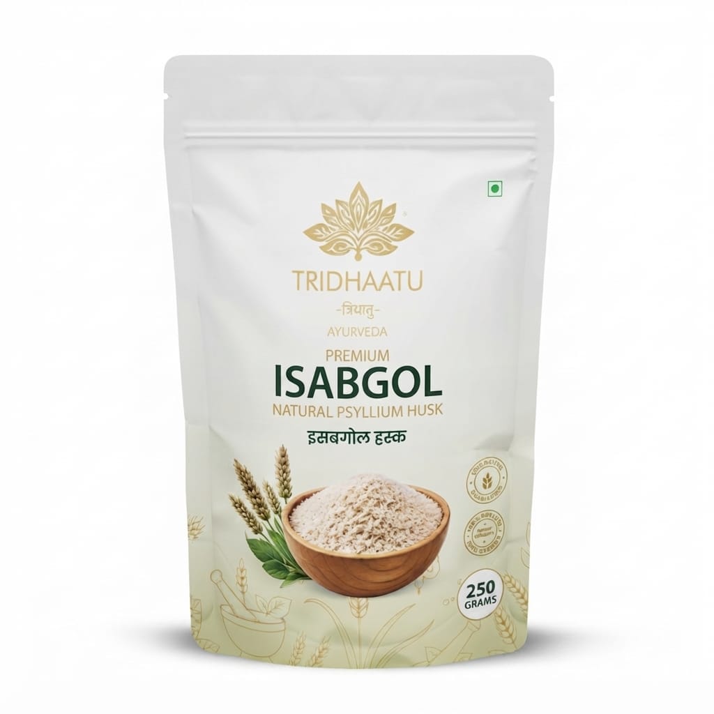A stand-up pouch of Tridhaatu Premium Isabgol (natural psyllium husk) in 250g packaging, featuring a white background with gold and green text and a bowl of beige powder on the front.