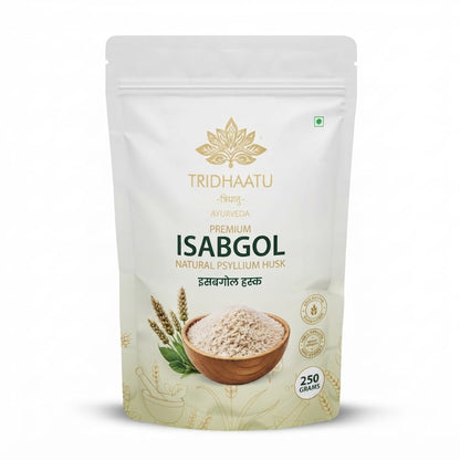 A stand-up pouch of Tridhaatu Premium Isabgol (natural psyllium husk) in 250g packaging, featuring a white background with gold and green text and a bowl of beige powder on the front.