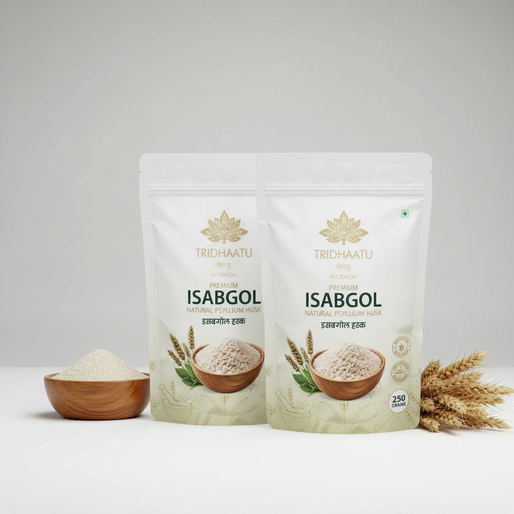 Two stand-up pouches of TRIDHAATU Isabgol herbal supplement powder, flanked by a small wooden bowl of loose powder and a stalk of wheat on a light gray studio background.