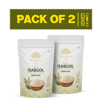 Two stand-up pouches of TRIDHAATU Isabgol Natural Psyllium Husk powder, 50g each, shown on a white background with an olive green banner at the top reading 'PACK OF 2'.