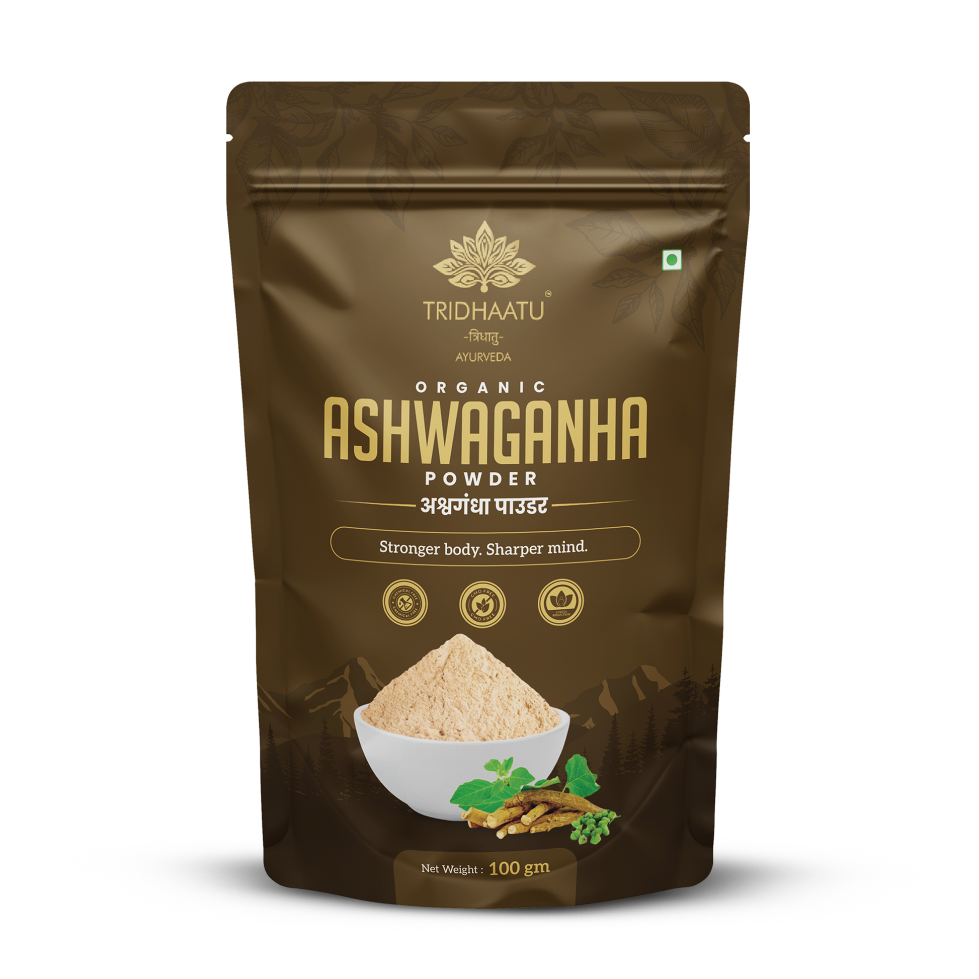 Brown package of Tridhaatu Organic Ashwagandha Powder on a white background
