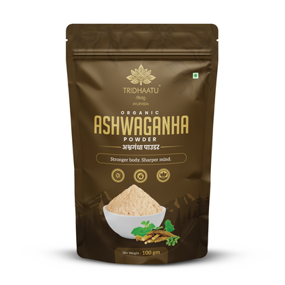 Brown package of Tridhaatu Organic Ashwagandha Powder on a white background