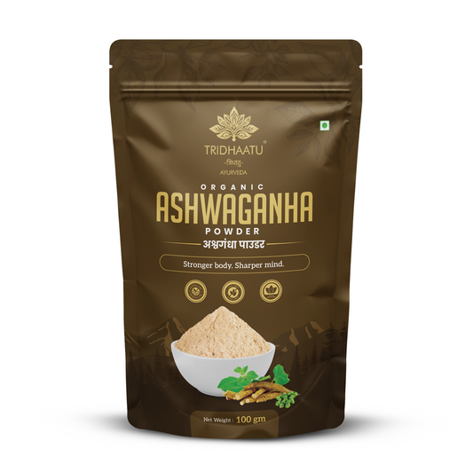 Brown package of Tridhaatu Organic Ashwagandha Powder on a white background