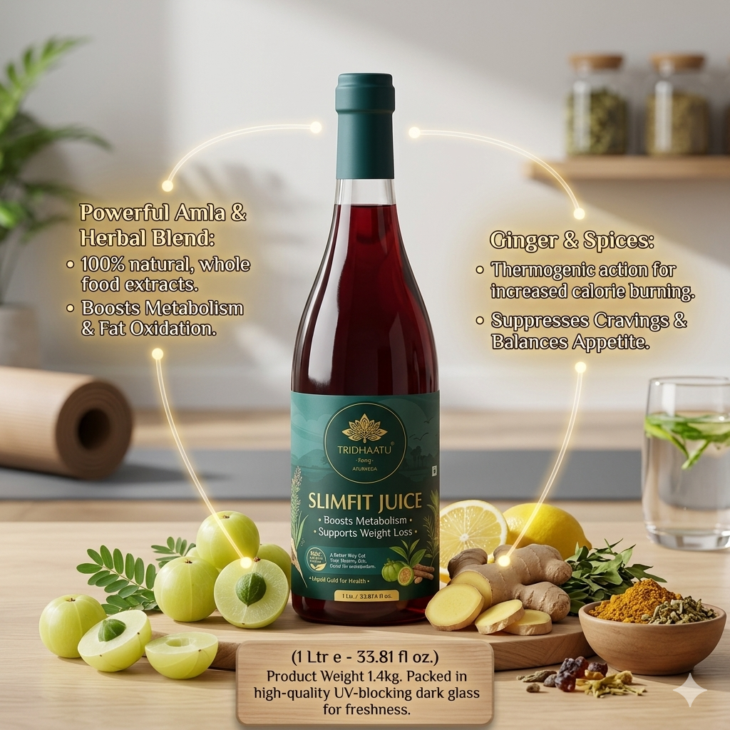 benefits of bottle of Tridhaatu Ayurveda's Slimfit Juice – Boosts Metabolism and Supports Weight Loss (1L)